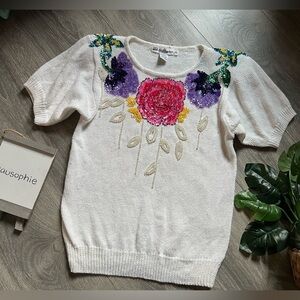 Vintage Work In Progress Ramie/Cotton Sequin Floral Sweater Top Sz Small Petite